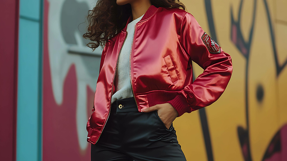 Deep red satin MA-1-style bomber worn over a light top with black trousers