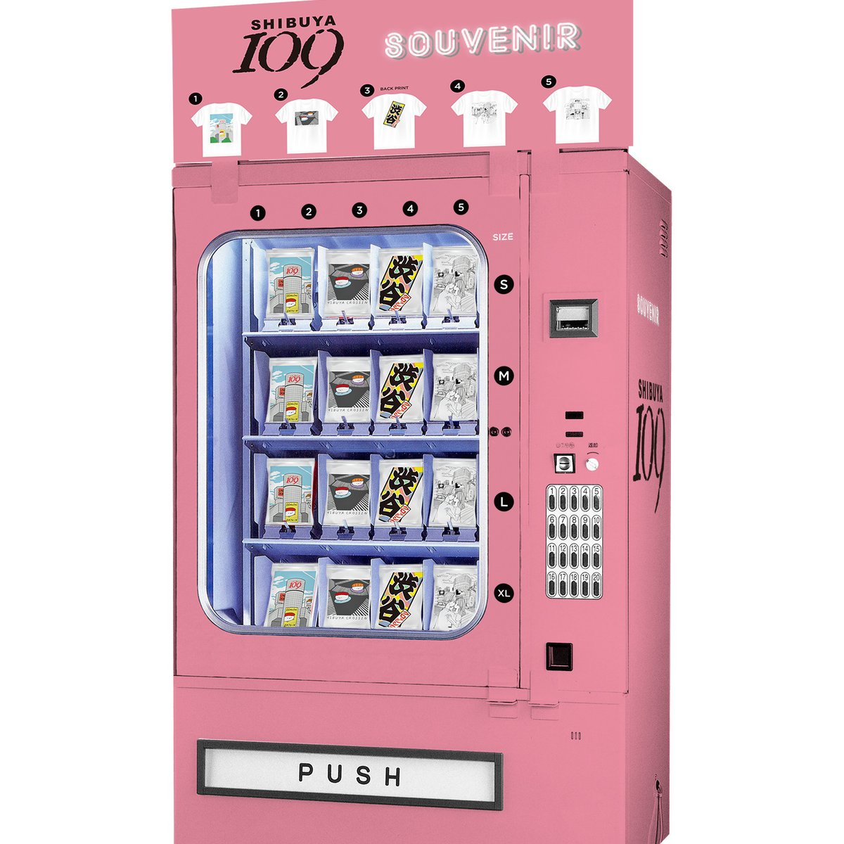 渋谷109に「スーベニア自販機」登場、ふせでぃとやばいちゃんがT