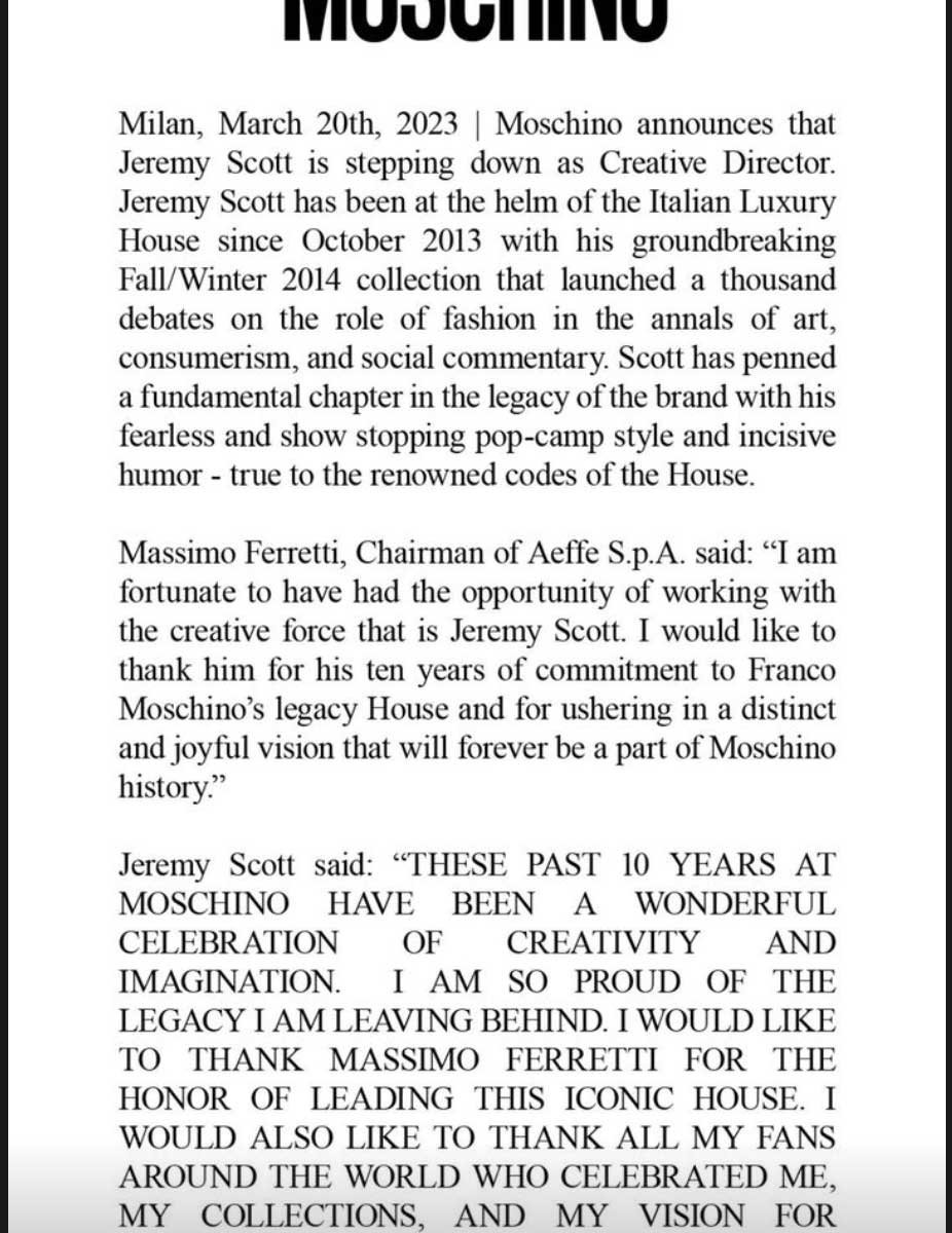 ジェレミー・スコットが「モスキーノ」のクリエイティブディレクター退任