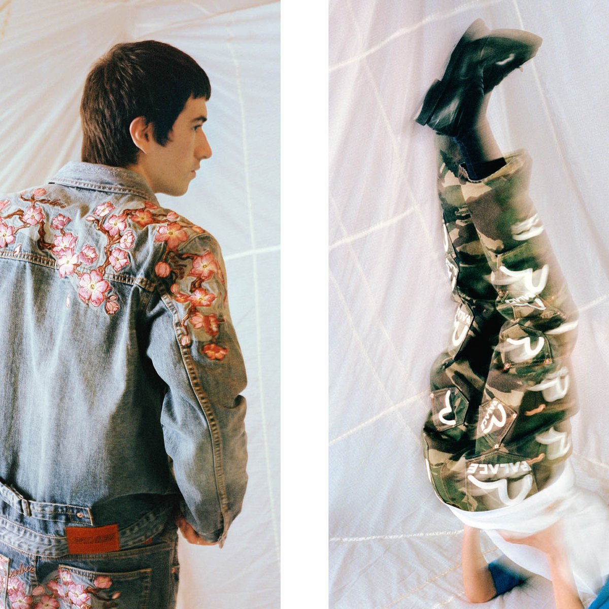 パレスとデニムブランド「エヴィス」がコラボ 桜を刺繍したジャケット