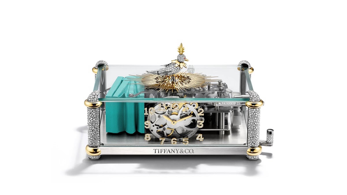 ティファニー Tiffany & Co. 置時計 ボックス付き ティファニー、鳥の歌声で時を知らせる時計「シンギング バード オン