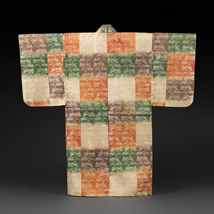 Noh costume (atsuita) with checkered ground and chrysanthemums in stream. Edo period (1615–1868), 18th century. Twill-weave silk with silk supplementary weft patterning. 54 x 53 in. (137 x 134.6 cm). John C. Weber Collection. Image © The Metropolitan Muse