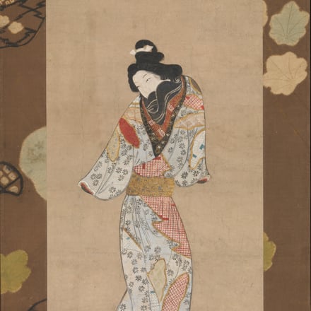 Beauty of the Kanbun era. Edo period (1615–1868), late 17th century. Hanging scroll; ink, color, and gold on paper. Image: 24 1/8 x 9 5/8 in. (61.3 x 24.4 cm). The Metropolitan Museum of Art, Mary Griggs Burke Collection, Gift of the Mary and Jackson Burk