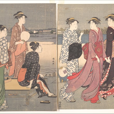 Torii Kiyonaga (Japanese, 1752–1815). Enjoying the evening cool on the banks of the Sumida River. Edo period (1615– 1868), ca. 1784. Diptych of woodblock prints (nishiki-e); ink and color on paper. Dimensions: A: H. 15 in. (38.1 cm); W. 10 in. (25.4 cm). 