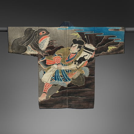 Fireman’s jacket (hikeshi-banten) with Shogun Tarō Yoshikado. Edo period (1615–1868), mid-19th century. Quilted cotton with tube-drawn paste-resist dyeing (tsutsugaki) with hand-painted details. 36 x 49 in. (91.4 x 124.5 cm). John C. Weber Collection. Ima