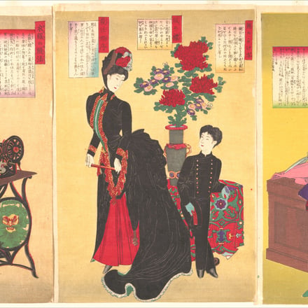 Yōshū (Hashimoto) Chikanobu (Japanese, 1838–1912). “Court Ladies Sewing Western Clothing” (Jokan yōfuku saihō no zu). Meiji period (1868–1912), August 23rd, 1887. Triptych of woodblock prints (nishiki-e); ink and color on paper. Image: 14 5/16 x 29 11/16 