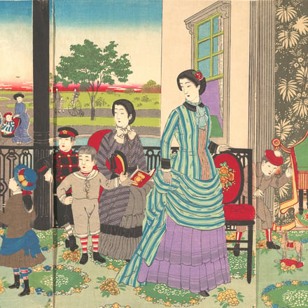 Inoue Yasuji (Japanese, 1864–1889). “Peaceful Pleasures of the Highest Nobility” (Kyōraku taihei kiken zu). Meiji period (1868–1912), 1887. Triptych of woodblock prints (nishiki-e); ink and color on paper. Image : 14 3/8 x 29 3/8 in. (36.5 x 74.6 cm). The