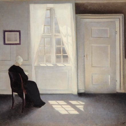 ヴィルヘルム・ハマスホイ《陽光の中で読書する女性、ストランゲーゼ30番地》1899年 ポーラ美術館