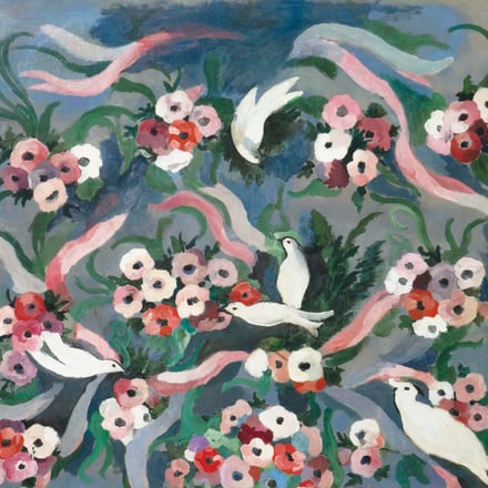 マリー・ローランサン　《鳩と花》　1935年頃　油彩/キャンヴァス（タペストリーの下絵） マリー・ローランサン美術館　© Musée Marie Laurencin
