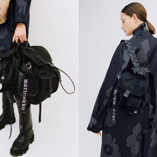 マリメッコが発売した新作バッグシリーズの黒いバックパックを着用したモデル