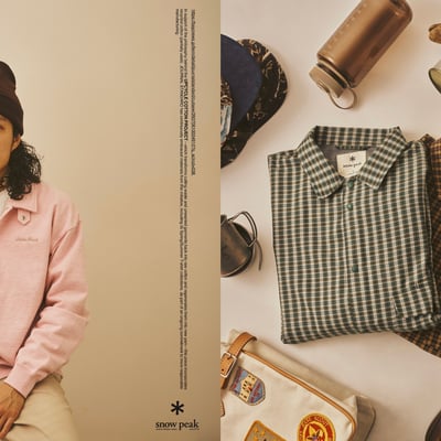 ピンクのカーディガンを着たモデルとチェックシャツのコラージュ画像