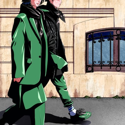 緑のセットアップを着用した男女のイラスト