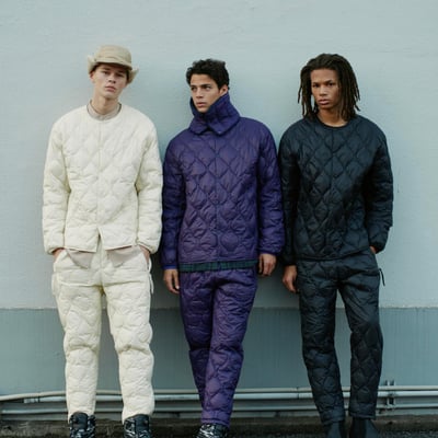 タイオンとホワイトマウンテニアリングがコラボレーションで発売するダウンジャケットとダウンパンツのルック画像