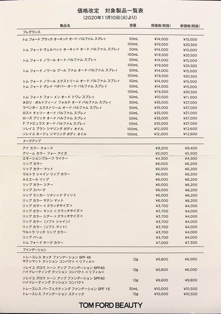 トム フォード ビューティ」が一部商品の価格を改定、原料高騰などを受けて