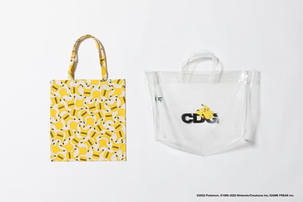 CDGファポケモンとコラボレーションした黄色い総柄のトートバッグとクリアバッグ
