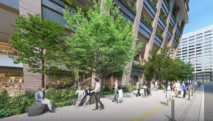 福岡の天神に開業する複合施設「（仮称）天神 1-7 計画」のビルの外観イメージ