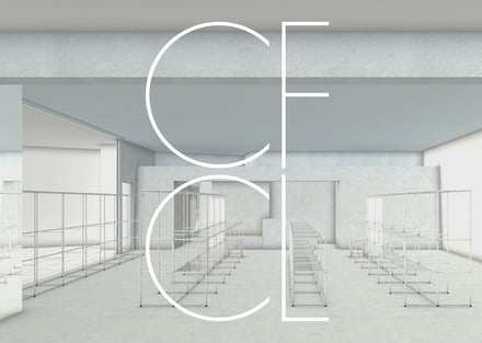 CFCLが表参道にオープンする直営店の白を基調とした内観イメージと白いブランドロゴ