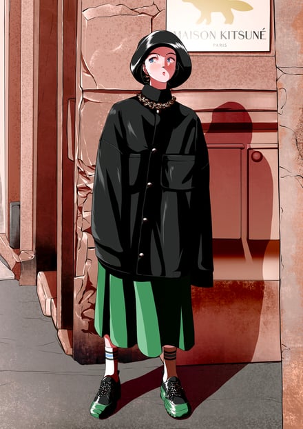 緑のスカートと黒いジャケットを着用した女性のイラスト