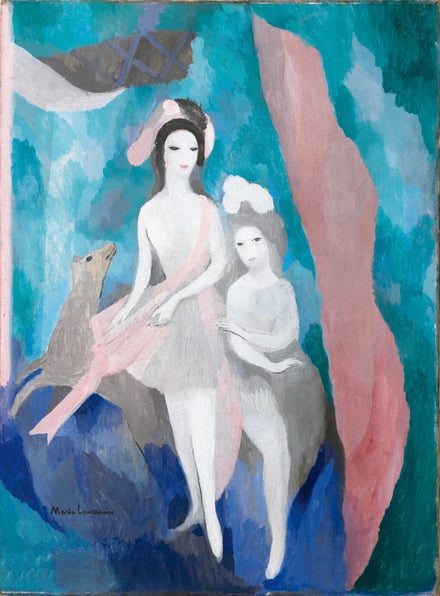 鹿と2人の女性を描いた絵