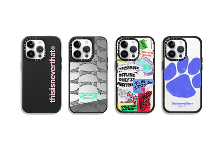 「ディスイズネバーザット」の英字ロゴや肉球のイラストをあしらった4種類のiPhoneケース