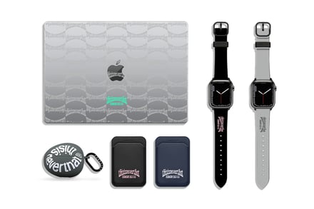 「ディスイズネバーザット」の英字ロゴをデザインしたPCケースとApple Watchのバンド、スマホケース、AirPodsケース