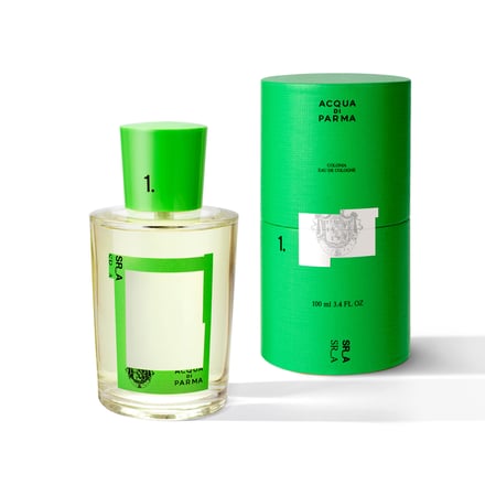 緑色の円柱の箱と緑色のキャップの香水ボトル