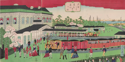 昇斎一景「汐留より蒸気車通行の図」 1872年　多色木版（三枚続）　36.8×73.5 cm