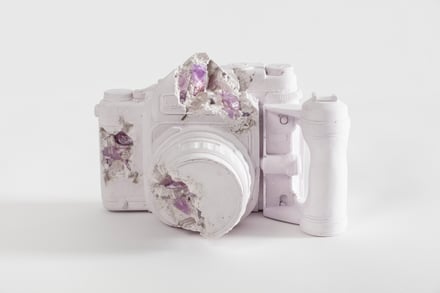 Daniel Arsham, Amethyst Eroded 75mm Camera, 2022.