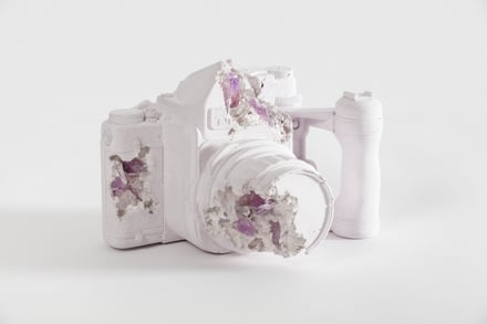 Daniel Arsham, Amethyst Eroded 75mm Camera, 2022.