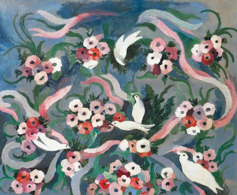 白い鳩と赤い花の絵