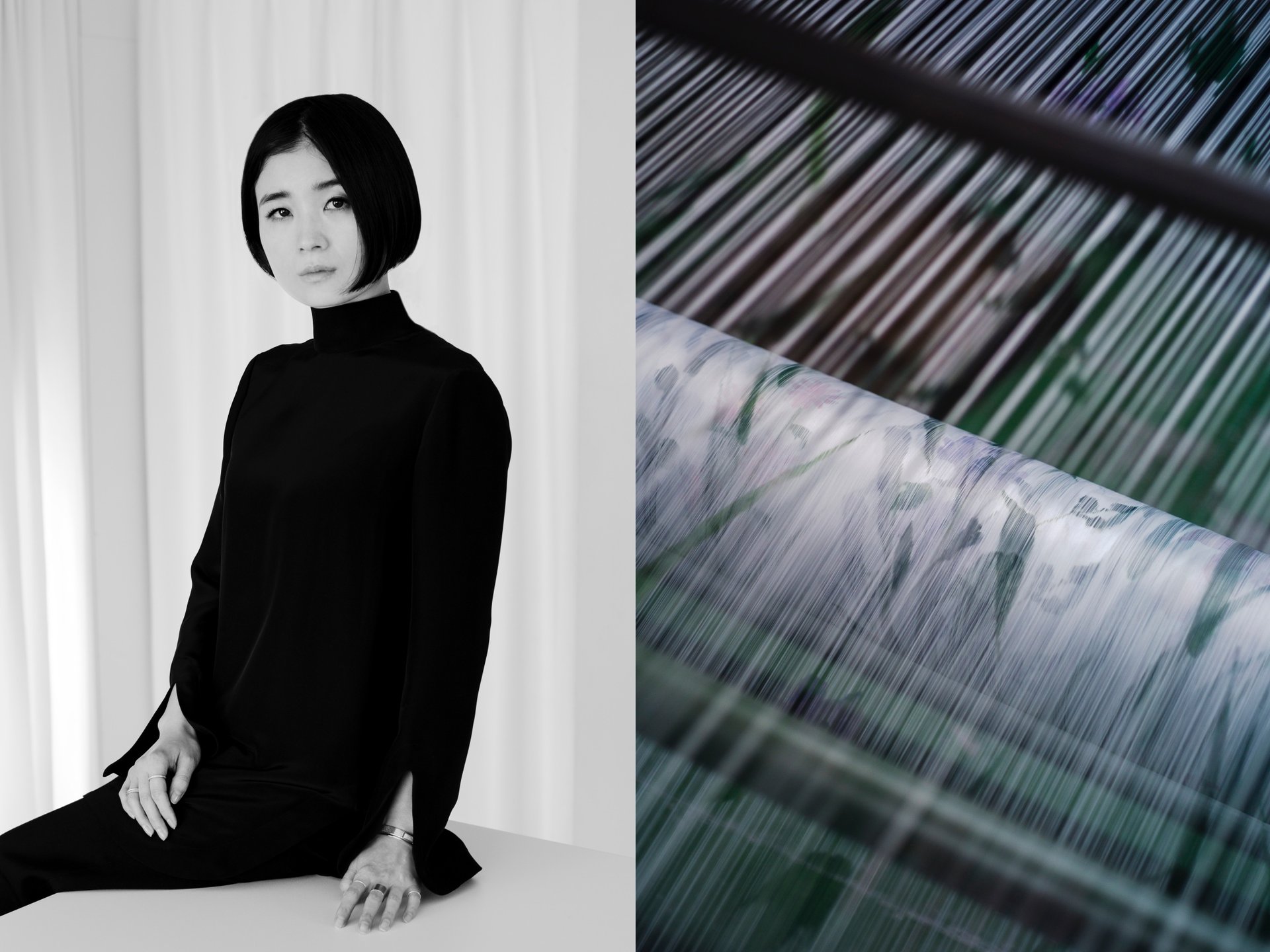 黒河内真衣子のポートレートと生地が織られている際の写真のコラージュ