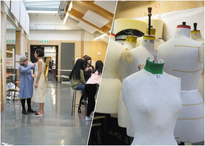 ファッション学校に並ぶマネキンと学生に服を着せて指導する教授