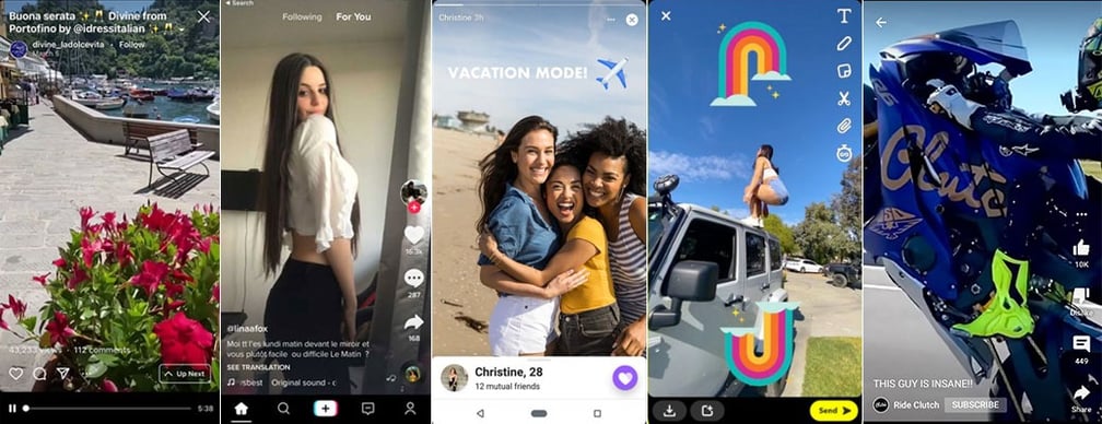 ヤコブの法則を活用するSNSのUI: 左から, インスタ, TickTok, Facebook Story, Snap, YouTube