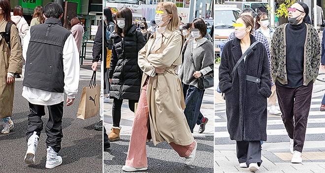 (写真左から)<エアフォースワン>は細分化。マウンテンブーツ風のシューレースが目を引くこちらは<ナイキスペシャルフィールドエアフォースワン>(原宿)/男性の着用者が多かったナイキの<エアフォースワン>だが、クリーンながらほどよいボリューム感があり、いろいろなコーディネートに違和感なくマッチすると今春は女性にも浸透。(原宿)/モードカジュアル系の大人は馴染みのあるローテク白スニーカー。白スニーカーは差し色としても活躍、上品さがプラスできる点が人気のポイント(新宿)。