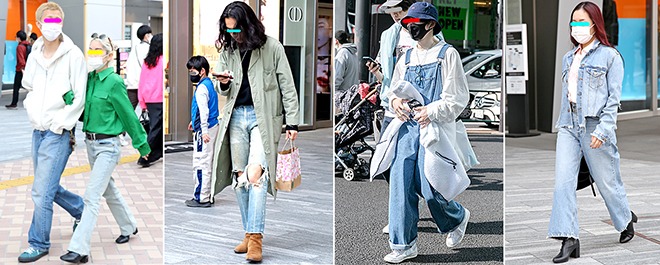 (左から順に)色落ちデニムに金髪でパンキッシュな印象のカップル。右の女性のようにフレアパンツにヒールシューズの70年代っぽいスタイルは今春も継続して増えそうだ(渋谷)/ヒザの部分が大胆に破けたデニムがグランジっぽい印象の男性。渋や地点はかつての渋カジ族が少なくない(渋谷)/下北沢などにいそうなWEGO系の男性ティーンズには色落ちしたサロペットも人気。バケットハットのブームは沈静化しつつあるが、本格的にマス層に広がるのは今夏の可能性もある(原宿)/ヘアカラーとダメージドデニムのセットアップが目を引いた女性。ロックになりがちなアイテムをきちんと感のあるレザーやシャツで上品な印象に仕上げていた(渋谷)。