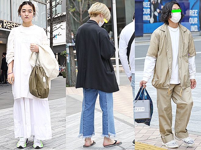 (左から)携帯が乗っ取られてストレスが溜まっていたので、気分転換で白を着てきました。最近白に目が行きます(渋谷)/早くもビーサンを着用していた彼のリメイクジーンズは大阪のコンテナストアで購入したもの。ドメブラ<MR.OLIVE(ミスターオリーブ)>のジャケットに、ビーサンとプラチナヘアで抜け感を演出していた(渋谷)/ベージュの上下でセットアップ風コーディネートの男性。カジュアルなスタイルもチェーンネックレスで大人っぽさがプラスされる(渋谷)。