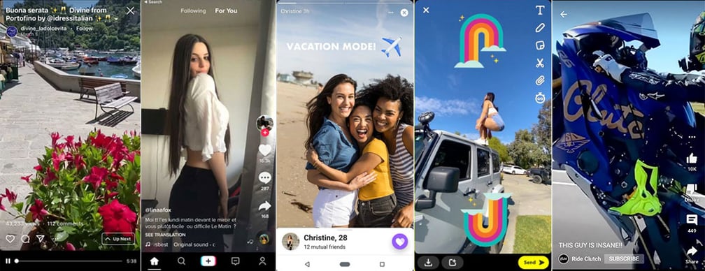 異なるプラットフォームが提供するショート動画: 左から Instagram, TickTok, Facebook Story, Snap, YouTube