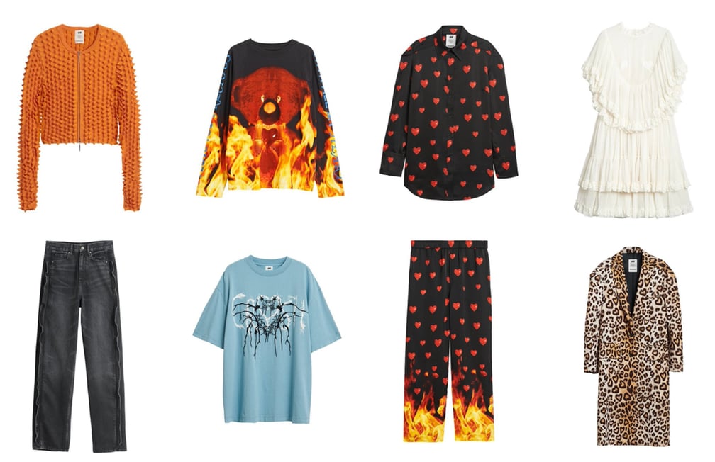 オレンジのジャケット、デニムパンツ、Tシャツ、ヒョウ柄コート