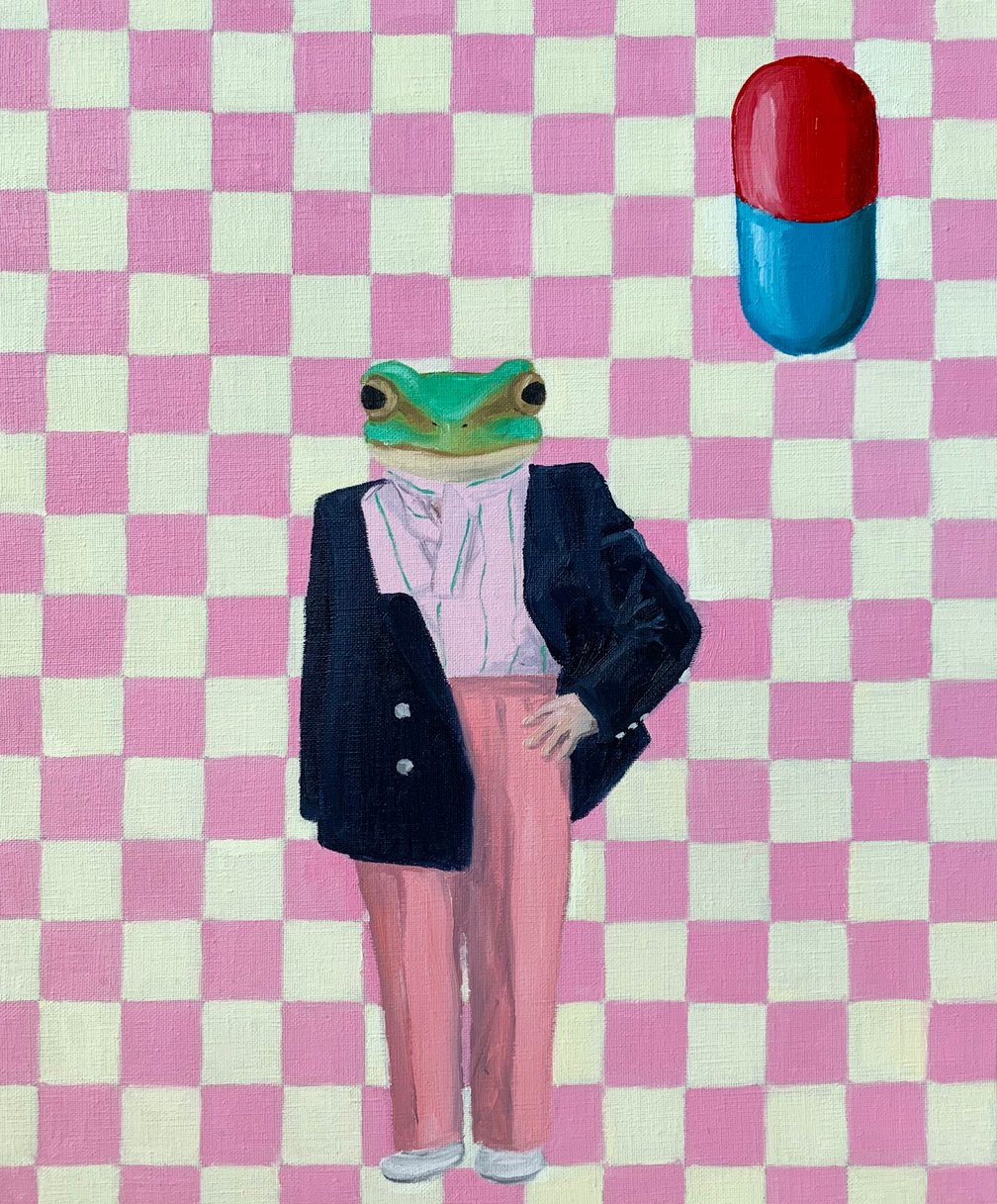 箸で持ち上げられた生肉を描くアーティスト田辺の作品