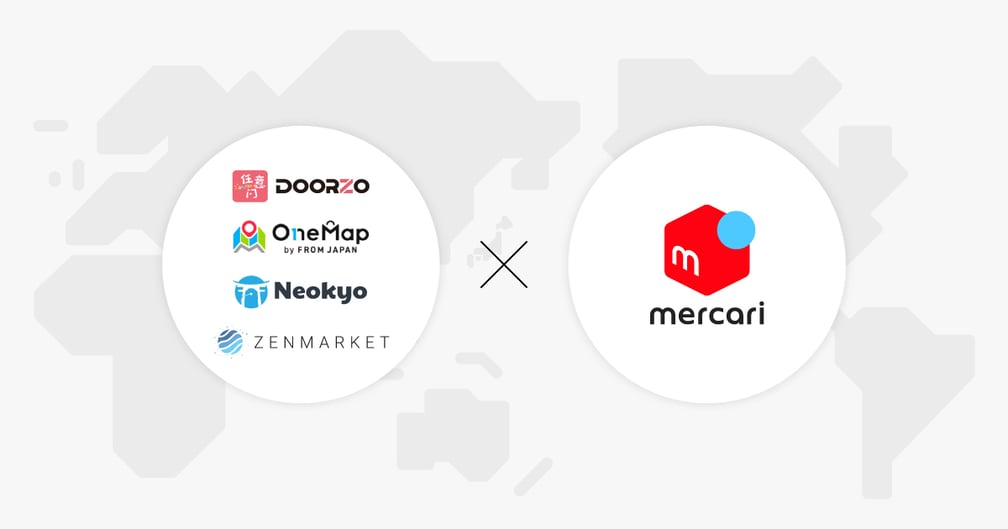 メルカリのロゴとメルカリと業務提携する4社のロゴ