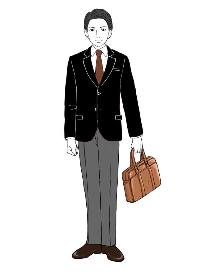 黒のジャケットにグレーのスラックスを合わせた社会人の装いを描いたイラスト