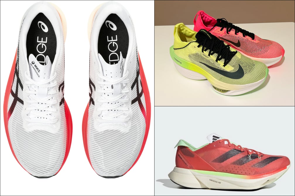 アシックス「メタスピード」(左)/ナイキ「EKIDEN PACK」(右上)/アディダス「アディゼロ アディオス プロ3」(右下)