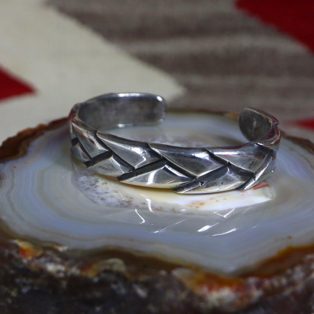 Antique Navajo Basket Stamped Ingot Silver Cuff c.1930~