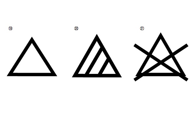 三角を用いて洗濯物の漂白方法を表した3つの記号
