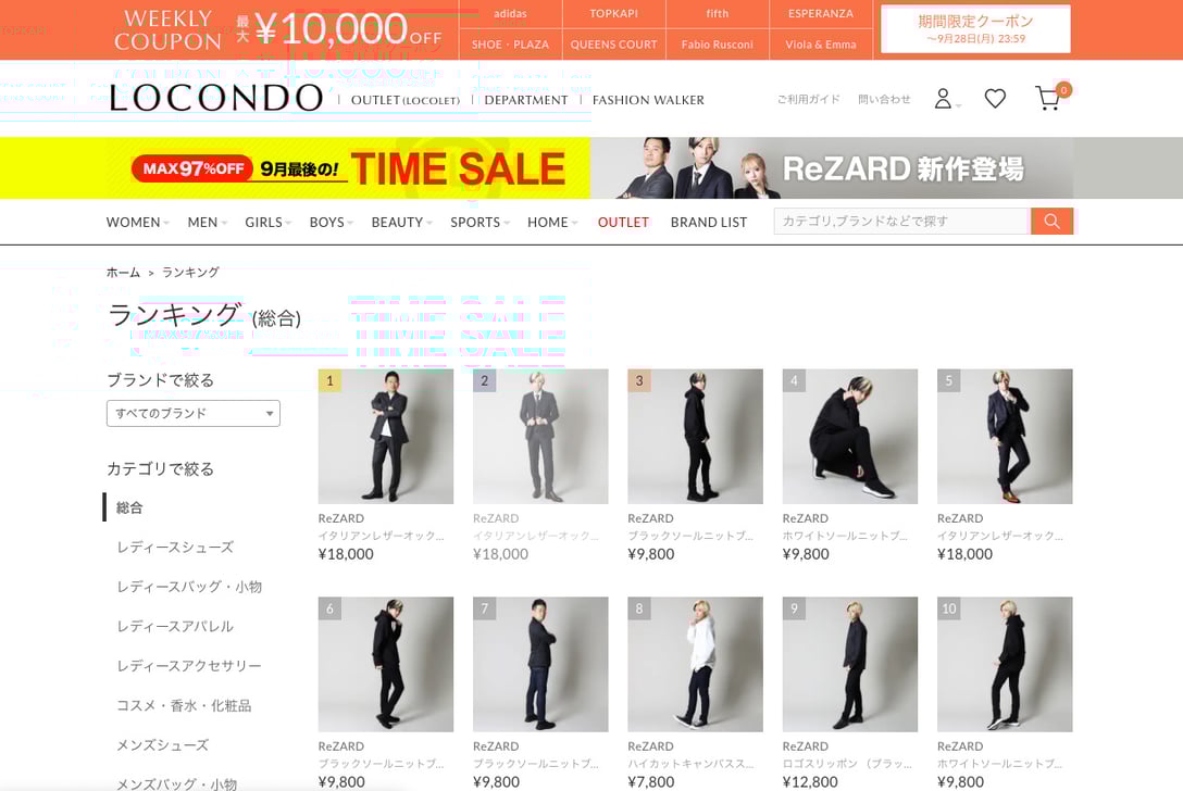 ロコンドの売上金額ランキング(15時時点)