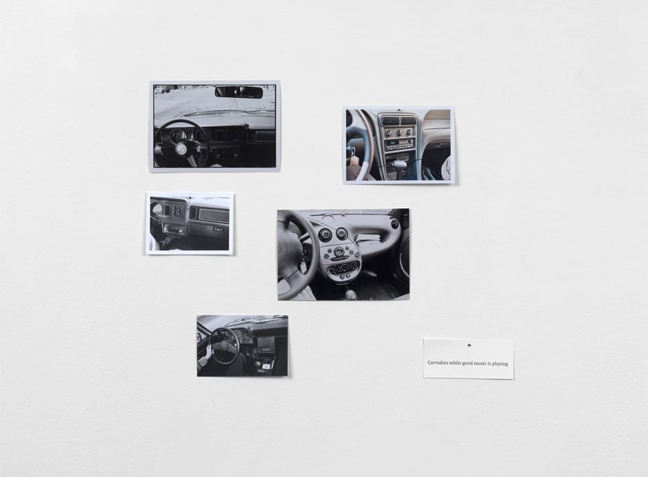 Hans-Peter Feldmann Car radios while good music is playing, 4 black and white photographs and 1 colour photograph, pinned ©Hans-Peter Feldmann