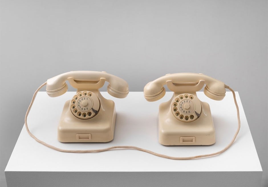 Hans-Peter Feldmann, Untitled, 2 white telephones, 16 x 57 x 29 cm (6 1/4 x 22 1/2 x 11 3/8 in.) ©Hans-Peter Feldmann