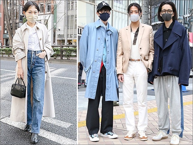 （左の女性）スタイリスト白幡啓さんのブランド＜スタイリング＞の色落ちブルージーンズを履いていた女性（原宿）。／渋谷公園通りで出会ったおしゃれ男子3人組はファッションを学ぶ同級生。（左から順に）ラッキーにも抽選で当たったので買うことができた＜サカイ＞と＜アディダス＞のスニーカーは１万7000円とハイブランドのなかでは比較的買いやすいアイテム。／シルク混紡で光沢のあるキレイなテーラードジャケットはファミリーセールで購入した＜ジルサンダー＞のものだそう。／前と後ろの切り返しが特徴的な＜ブレス＞のパンツに＜リプロダクションオブファウンド＞の白スニーカー。全員2001年生まれの「Z世代」。ハイブランドへの関心もりもりです。