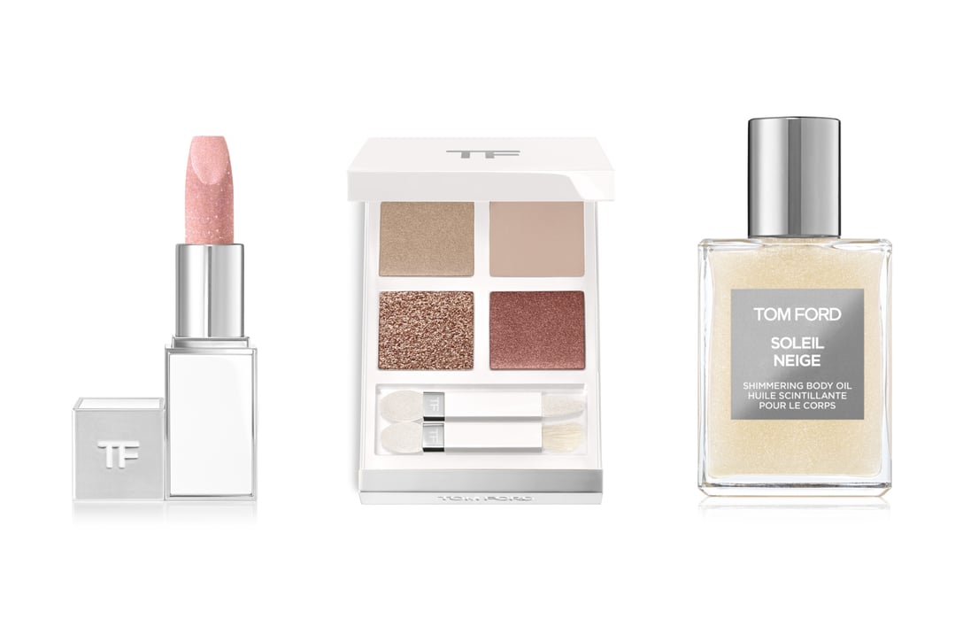(左から)サンリット ローズ リップ バーム、ソレイユ アイ カラー クォード、ソレイユ ネージュ シマリング ボディ オイル Image by TOM FORD BEAUTY