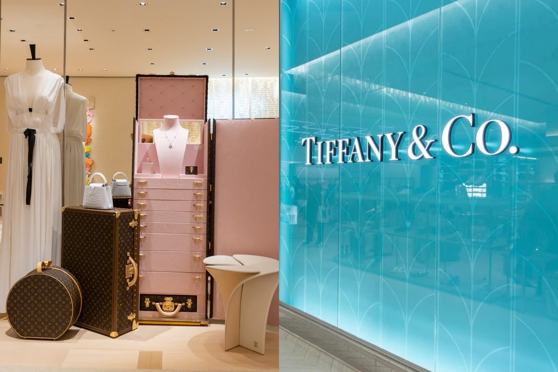 (左)2021年3月にオープンした「ルイ・ヴィトン 銀座並木通り店」 (右)ティファニーのロゴ Image by FASHIONSNAP